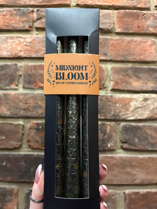 Black midnight bloom taper candles